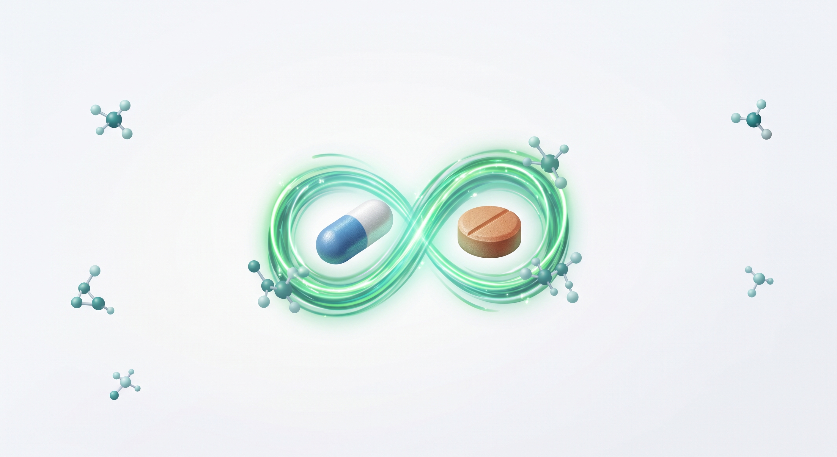 Prescription medication bottles, pill blister packs, and dietary supplements arranged on a clean background to illustrate drug interactions.