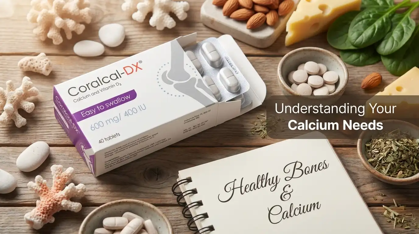 Blister pack of Coralcal DX 600 mg calcium and vitamin D tablets on a wooden table