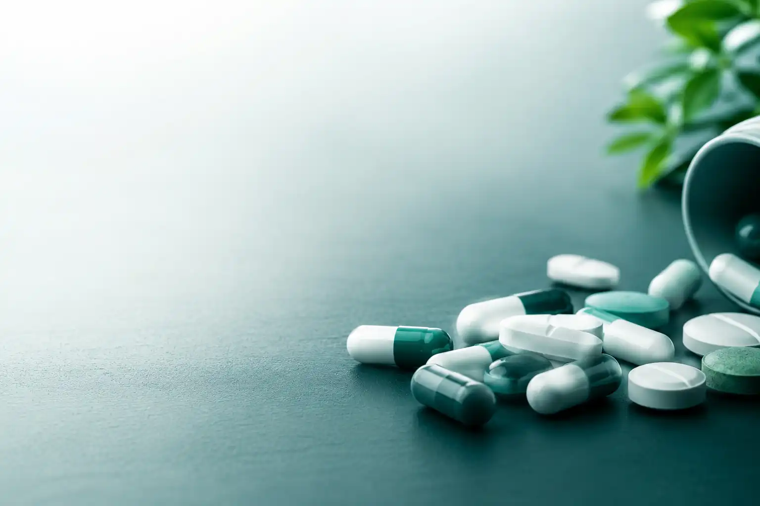 A close-up shot of green and white prescription capsules and tablets scattered on a dark tabletop.
