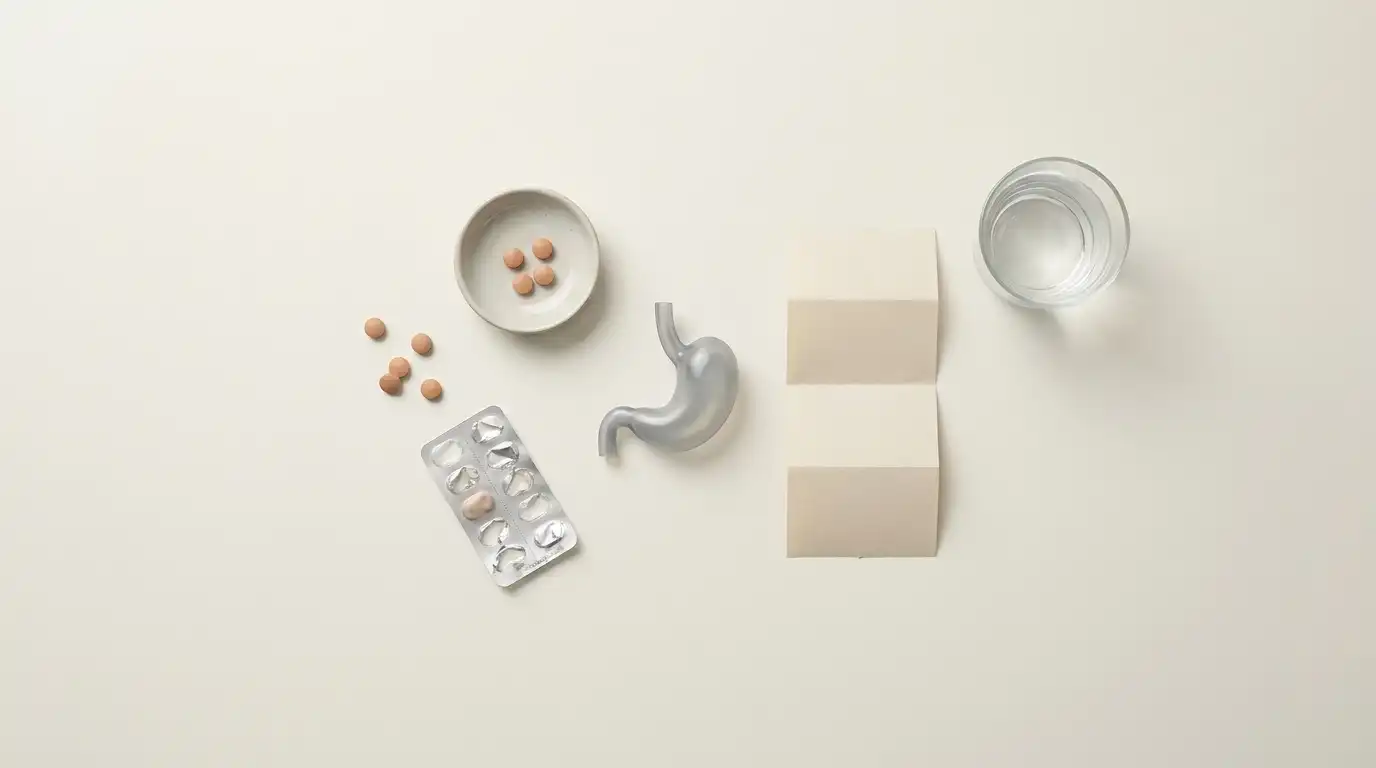 Blister pack of Maxpro 20 mg tablets beside a glass of water