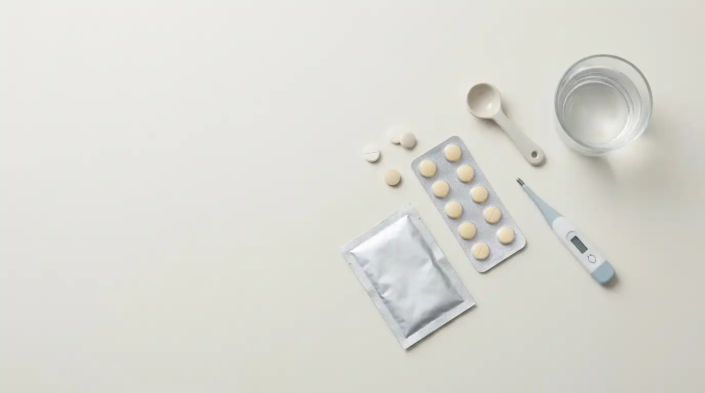 Filmet 400 for Diarrhoea arranged on a pale surface, photographed from above in even, diffused light