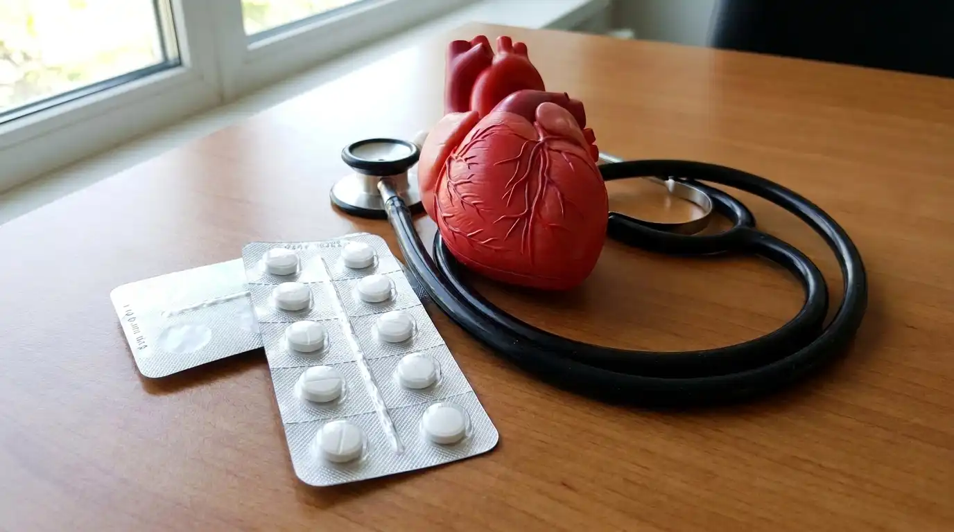 Blister pack of Rosutin 10 mg tablets beside a red heart model and stethoscope