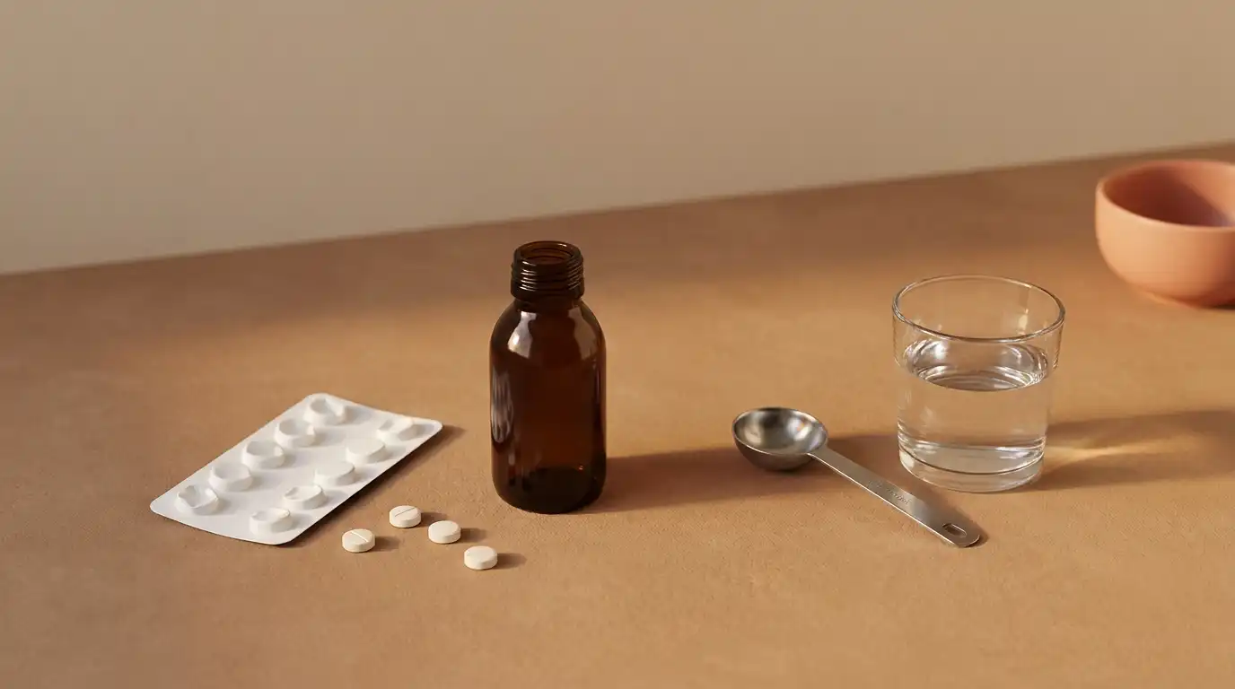 Unlabelled medicine strip, bottle and a measuring spoon on a plain surface, in warm late-afternoon light raking across fro…