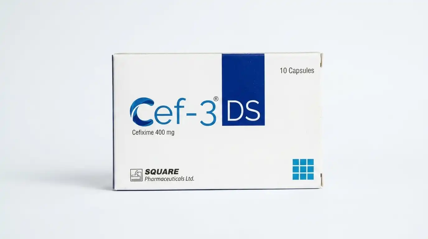 Cef 3 antibiotic capsules and syrup bottle on a pharmacist counter
