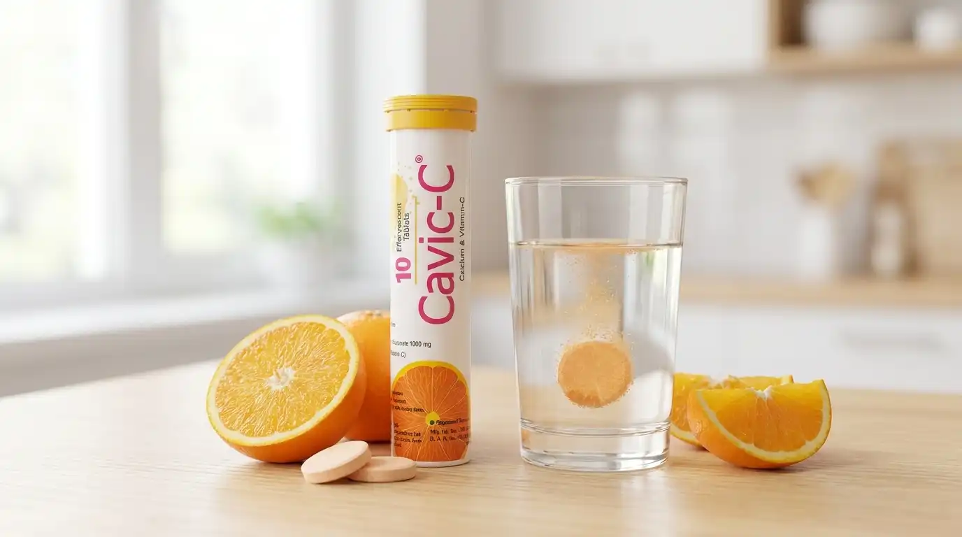 Cavic C Plus vitamin C tablets in a blister pack on a pharmacy counter