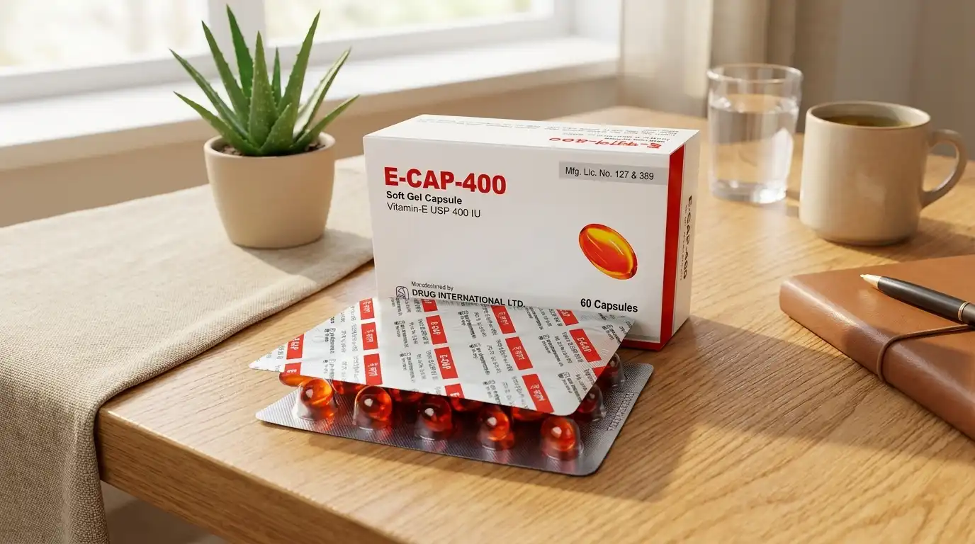 Vitamin E 400 mg soft gel capsules scattered beside a glass of water on a table