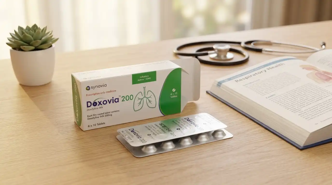 Blister strips of 200 mg tablets placed on a pharmacy counter in Bangladesh