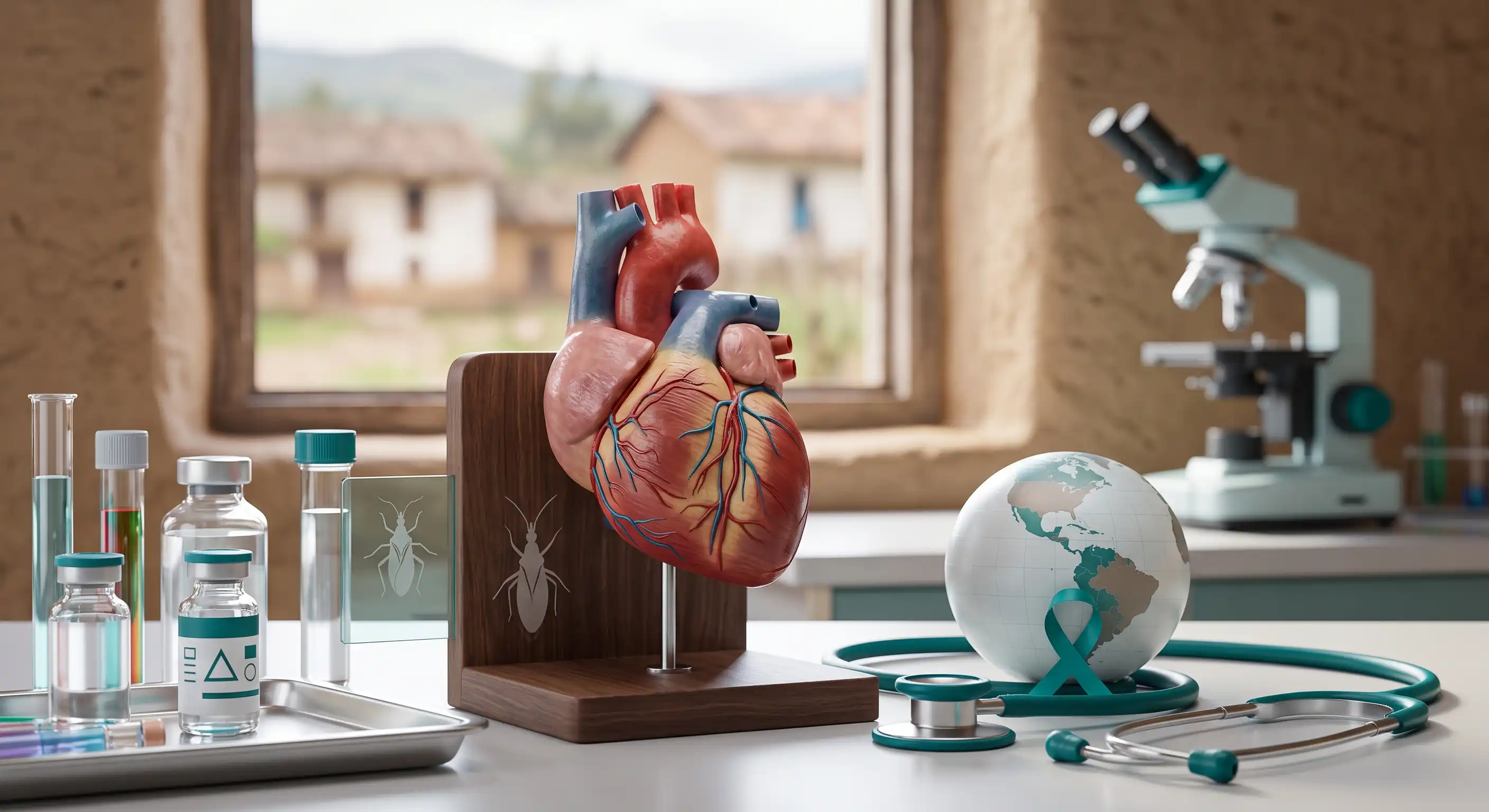 World Chagas Disease Day illustration showing a triatomine kissing bug, a human heart and a global health awareness ribbon
