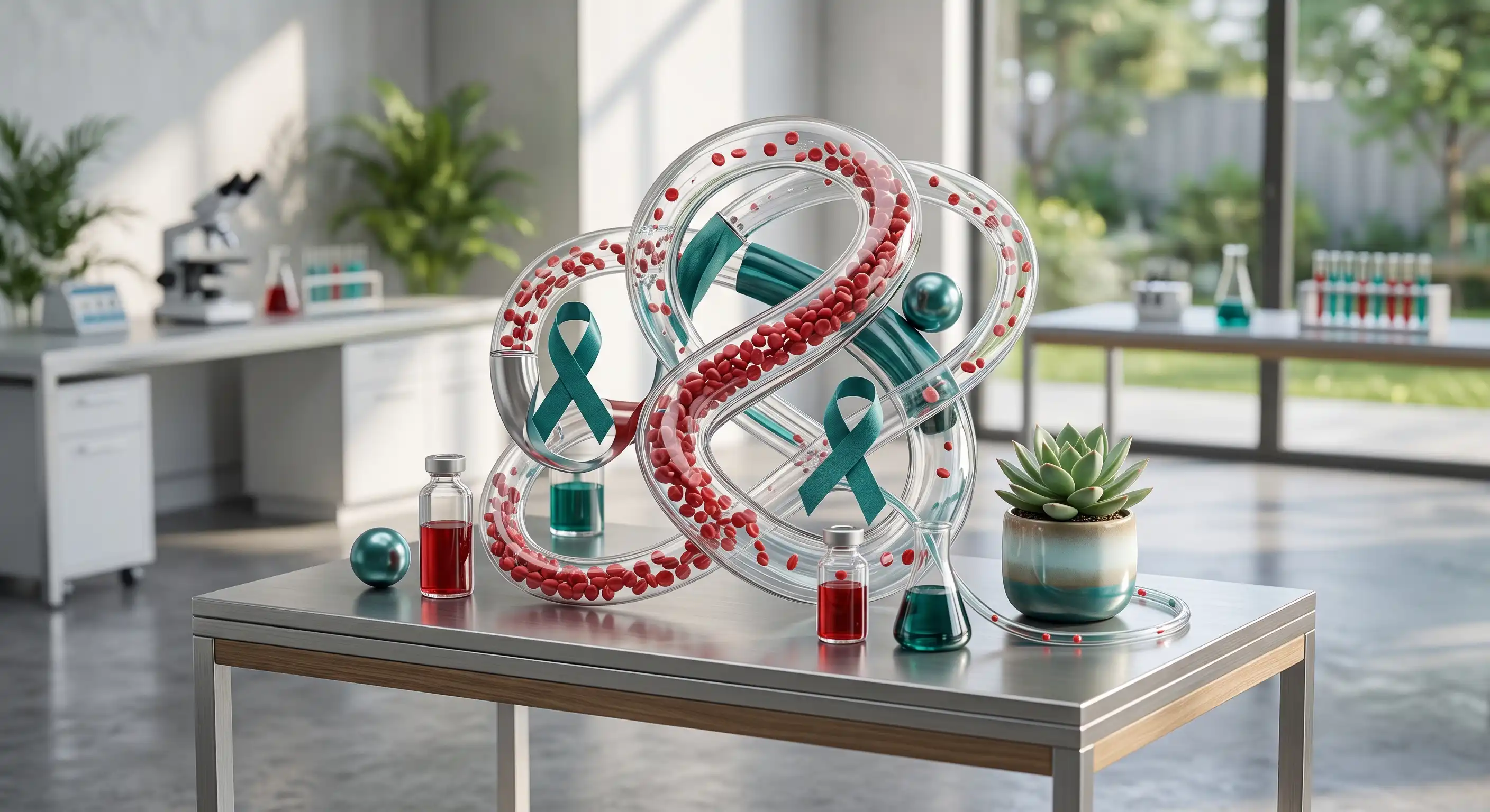 World Thalassaemia Day illustration showing a blood drop, red blood cells and a family learning about carrier screening and genetic counselling