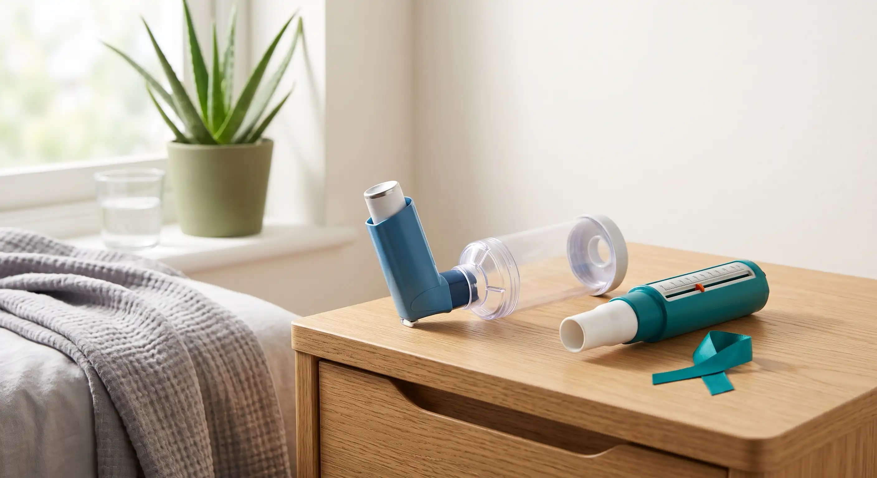 World Asthma Day illustration showing a person using an inhaler with a city skyline and air pollution in the background to highlight asthma triggers