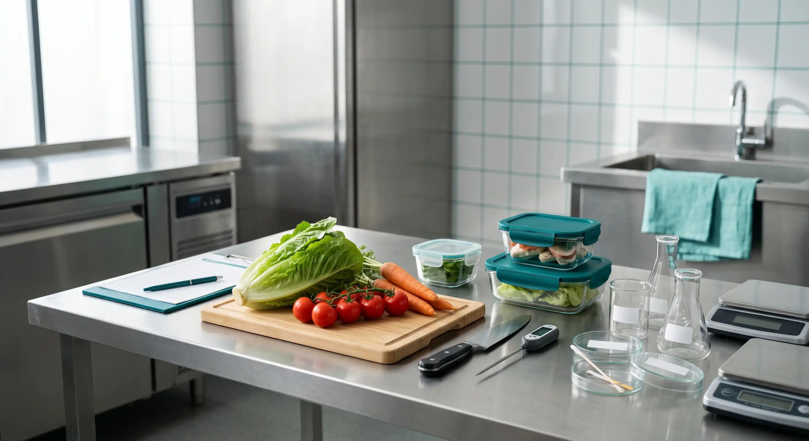 World Food Safety Day illustration showing clean hands washing vegetables, a thermometer checking food temperature, and covered dishes to represent safe food handling