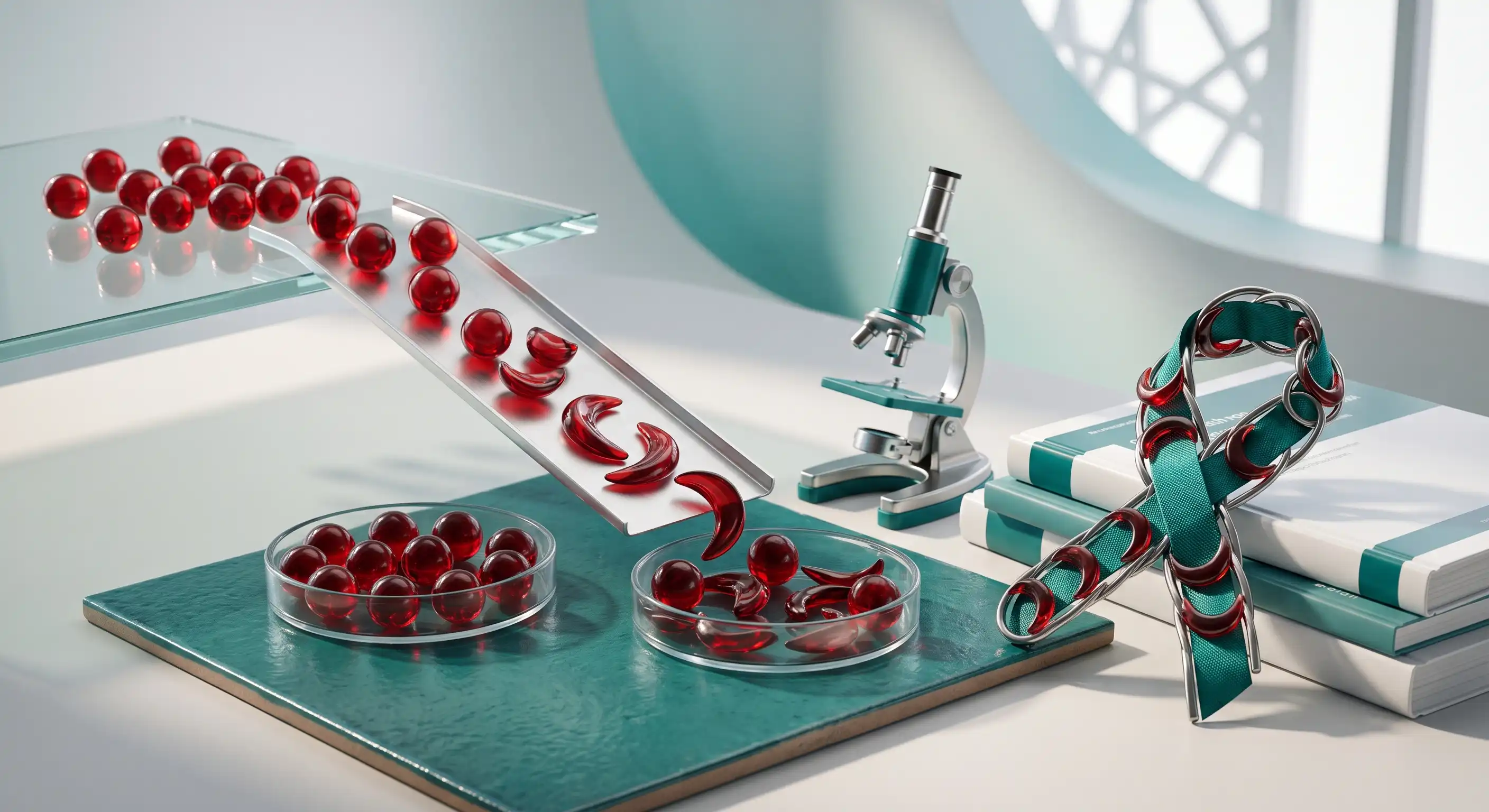World Sickle Cell Day illustration showing sickle-shaped red blood cells next to normal round cells, with a child and doctor discussing genetic testing and care