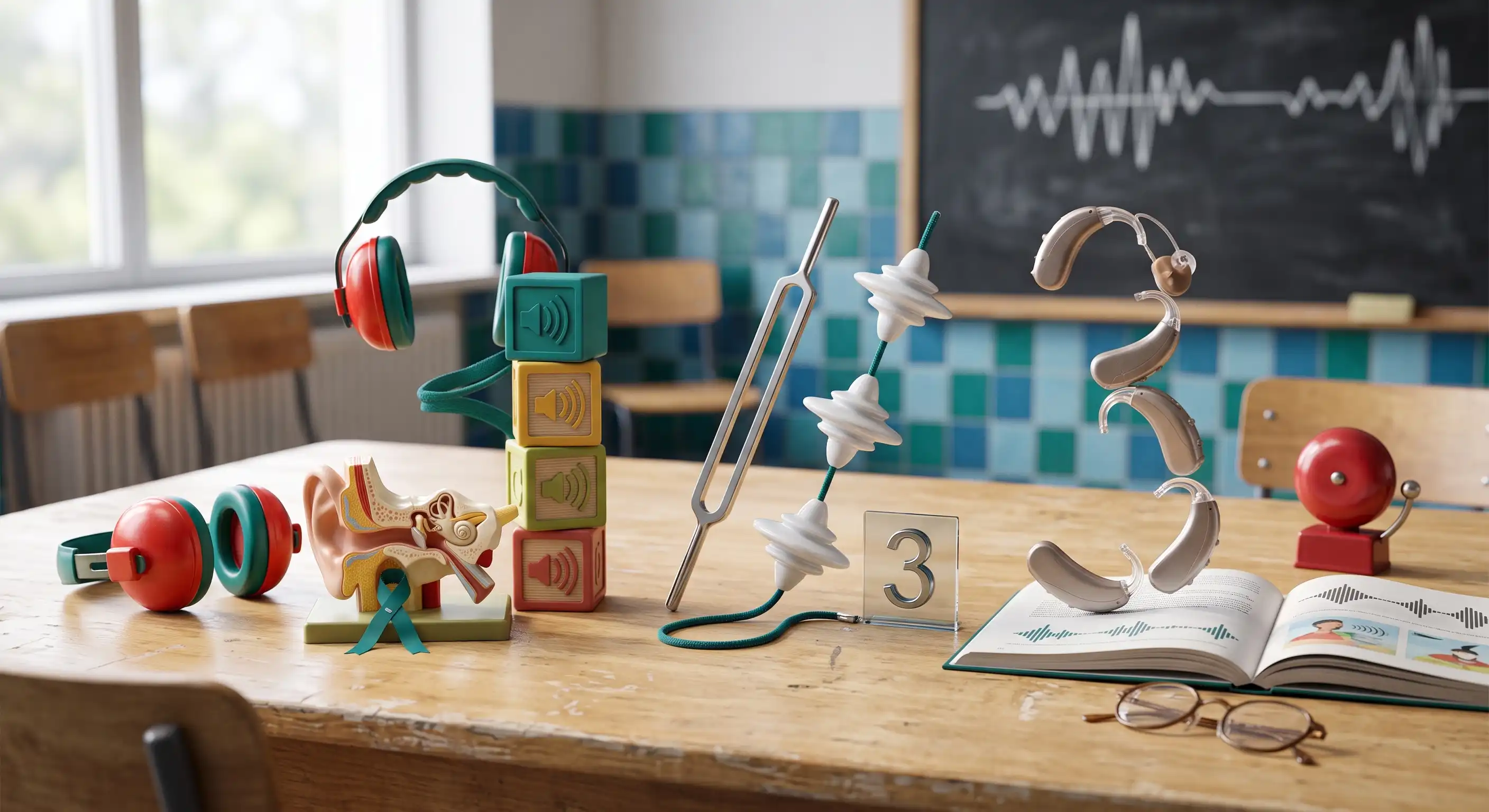World Hearing Day illustration showing an ear, sound waves and people using hearing protection and hearing aids