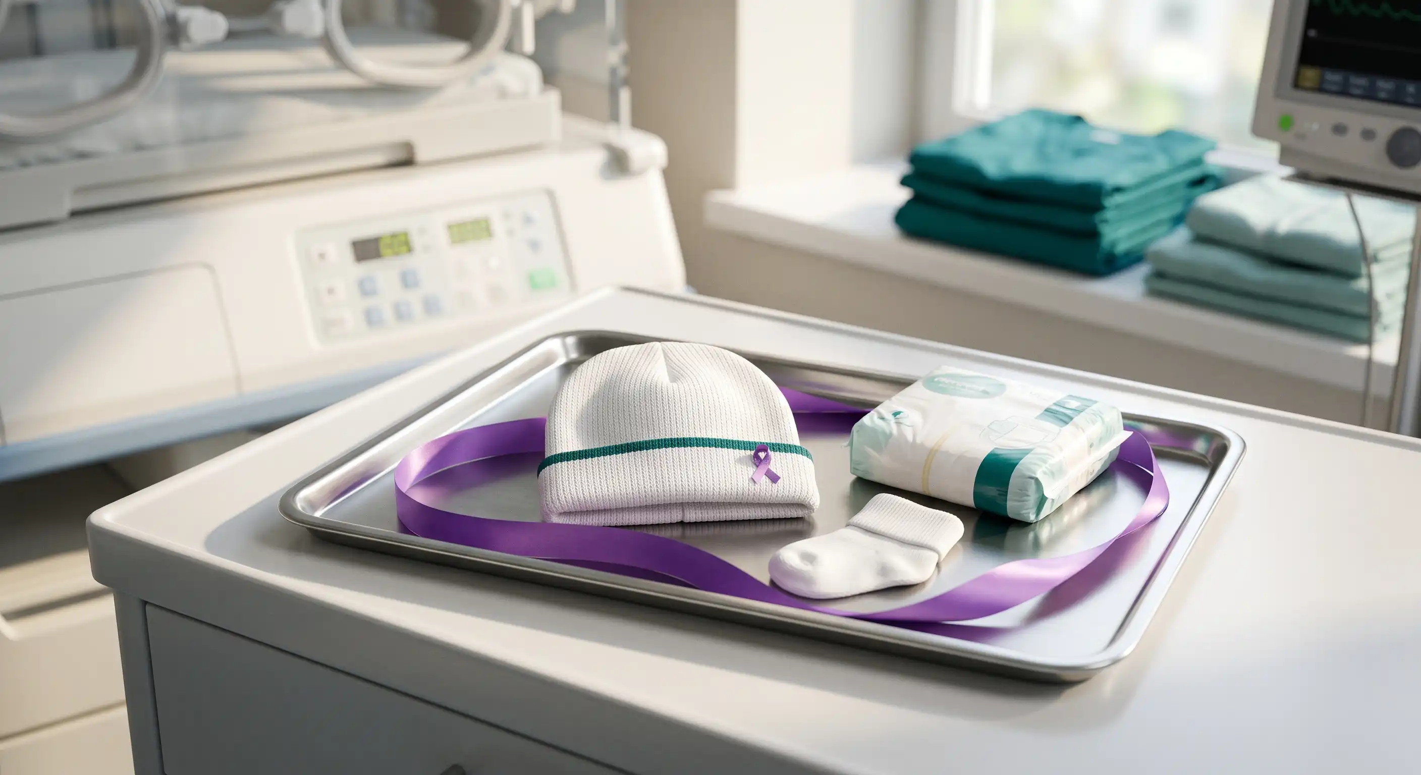 World Prematurity Day illustration showing a tiny premature baby in an incubator and in kangaroo mother care on a parent’s chest, with a purple ribbon symbolizing support for preterm babies and their families