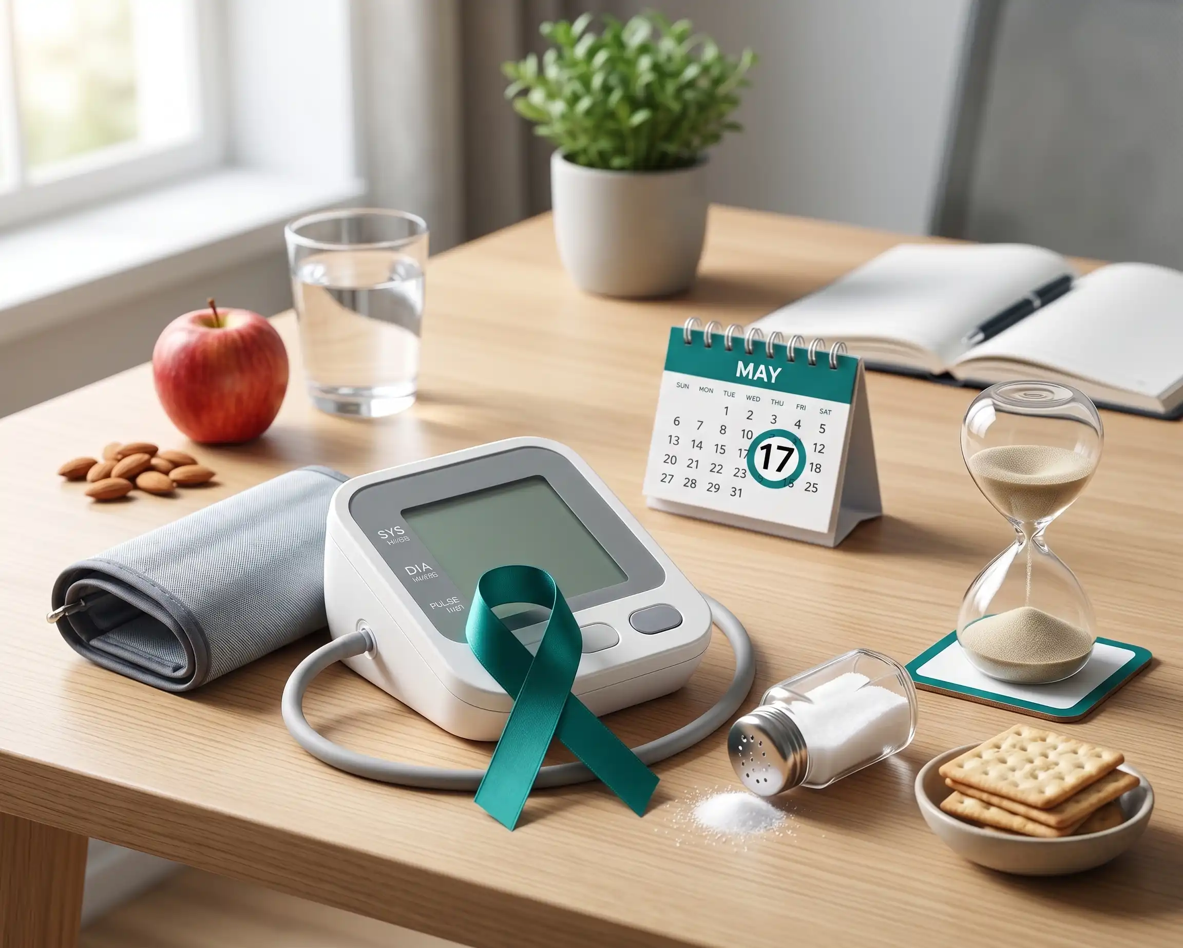 World Hypertension Day awareness illustration showing a doctor checking a patient’s blood pressure, a heart symbol, and tips for healthy lifestyle to control high blood pressure