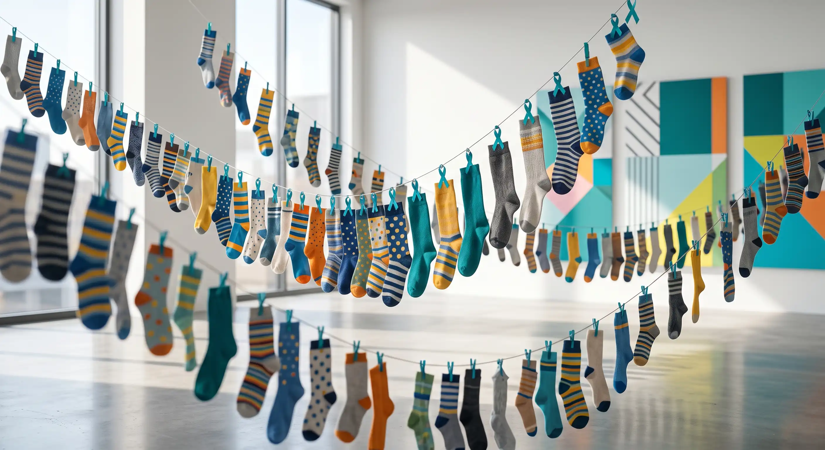 World Down Syndrome Day awareness illustration showing children and adults with Down syndrome, colourful socks and inclusion symbols