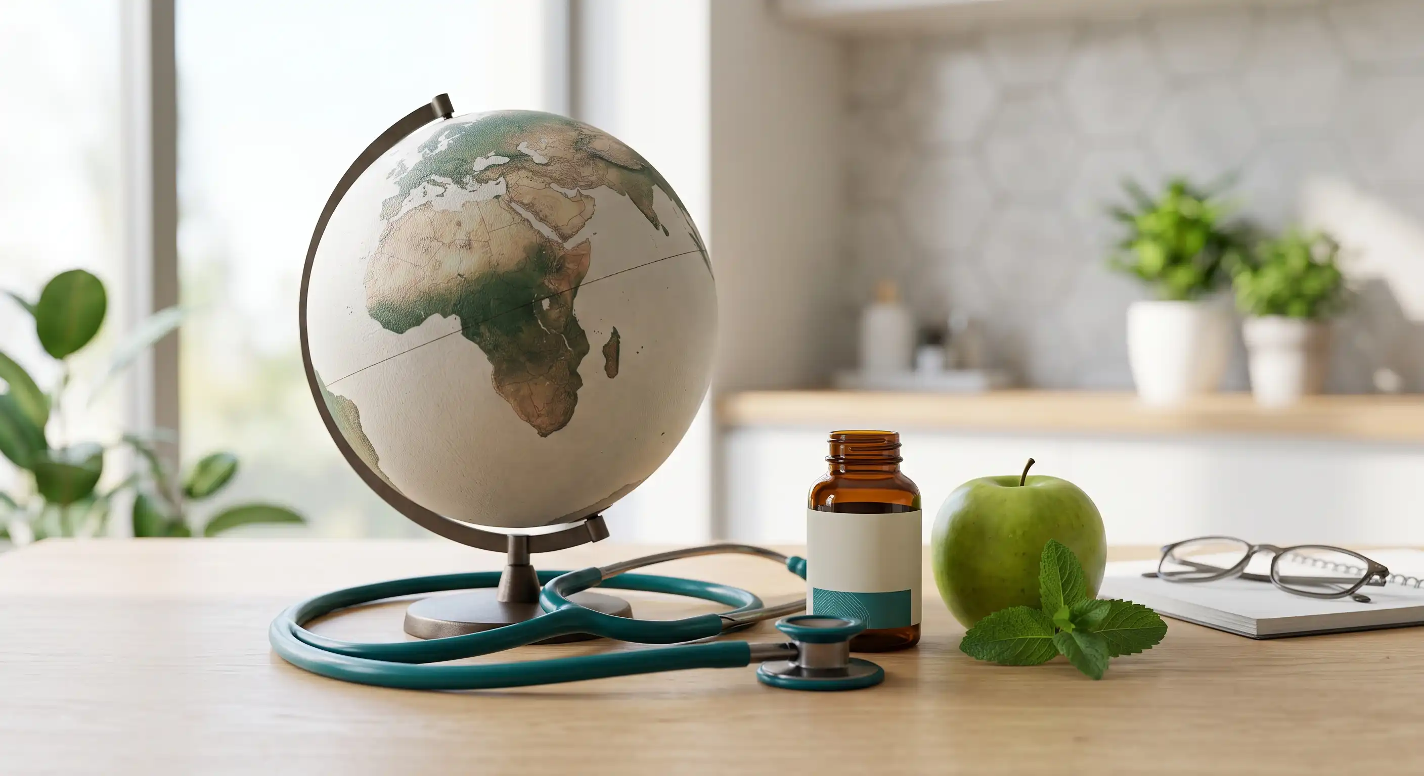 World Health Day illustration showing a stethoscope around a globe, people of diverse backgrounds and symbols of public health and primary care